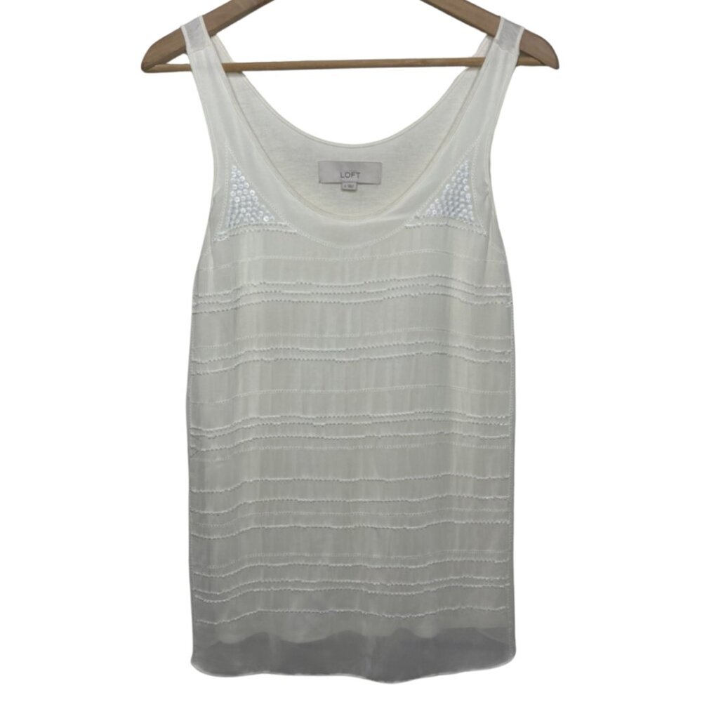 LOFT | Women's Elegant White Embellished Lined Sleeveless Tank Top | Size M